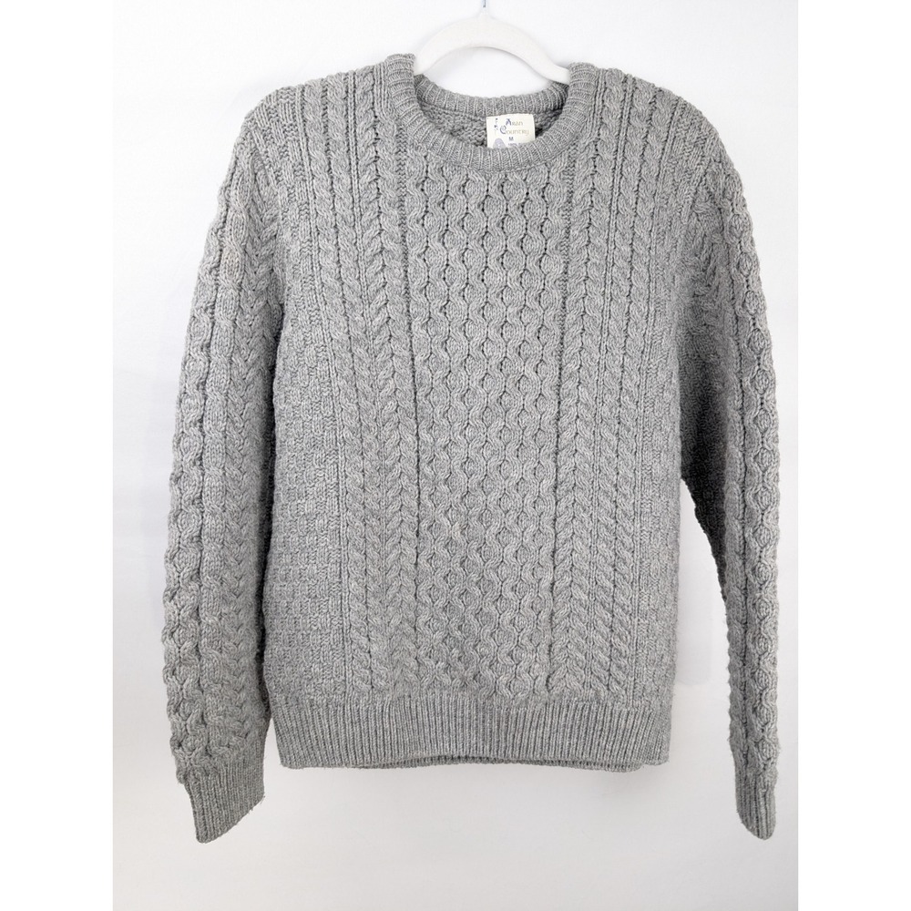 Vintage 100% Wool Cable Knit Fisherman Sweater Size M Gray Aran Ireland Cottage